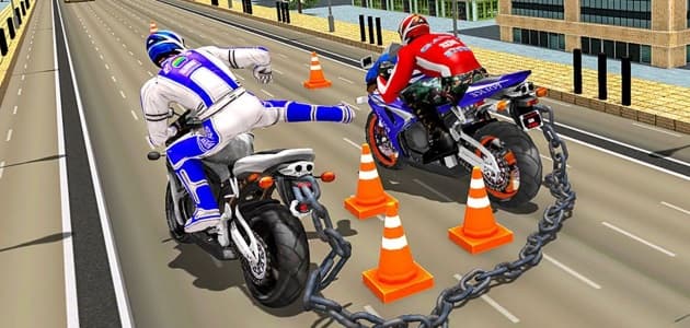 Carreras de cadenas en una motocicleta en 3D